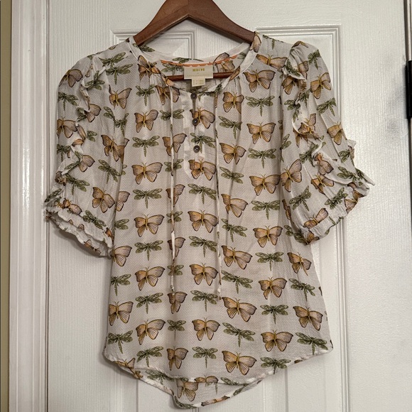 New Maeve Anthropologie Butterfly dragonflies Print Cream Blouse 4 $129 - Picture 4 of 7